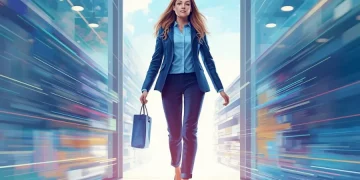 Career transition: Woman leaving retail aisle, symbolizing move to tech industry. Resume tips for success.