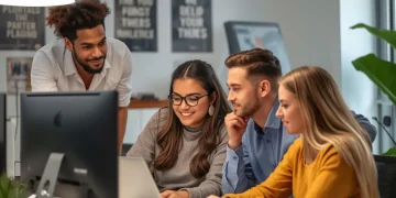 Team of college students collaborating on a laptop, exploring flexible remote job opportunities for students.
