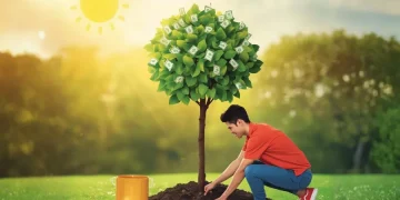 Compound interest concept: Young man planting a money tree, illustrating financial growth and investment potential.