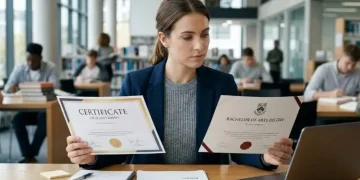 Choosing between certificates and degrees for career growth. Certificates vs Degrees concept.