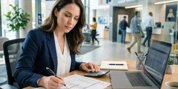 Avoid hidden fees in bank accounts. Woman reviews statements with calculator and laptop at bank.