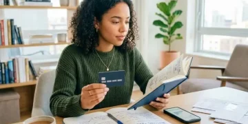 Building credit from scratch: Woman holds credit card and financial plan. Step-by-step guide to credit building.