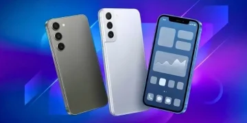 Three smartphones: Gray, white and blue, on a blue and purple gradient background. Get a smartphone without paying full price.