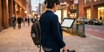 Woman studies online effectively with tablet on city street, balancing work and education.