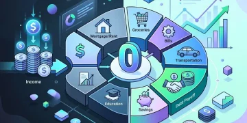 Zero-Based Budgeting illustration: Income flows into categories like rent, bills, debt payoff for financial planning.