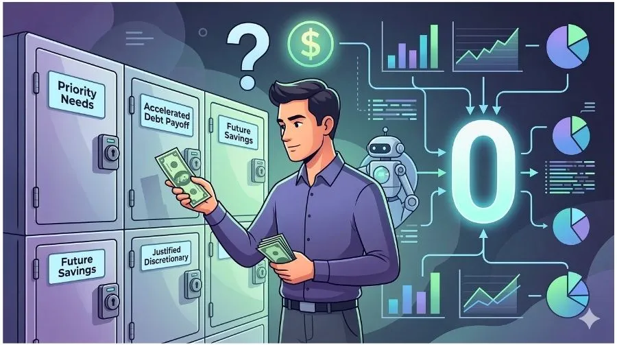 Illustration of a person allocating monthly expenses into specific categories to create a zero-based budget.
