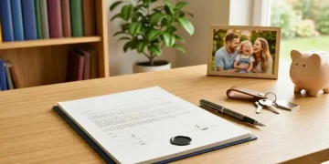 Estate planning: Signed will, family photo, piggy bank, keys. Prepare your will today!