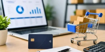 Cartão de crédito sobre mesa com notebook, calculadora e carrinho de compras, representando gestão financeira.