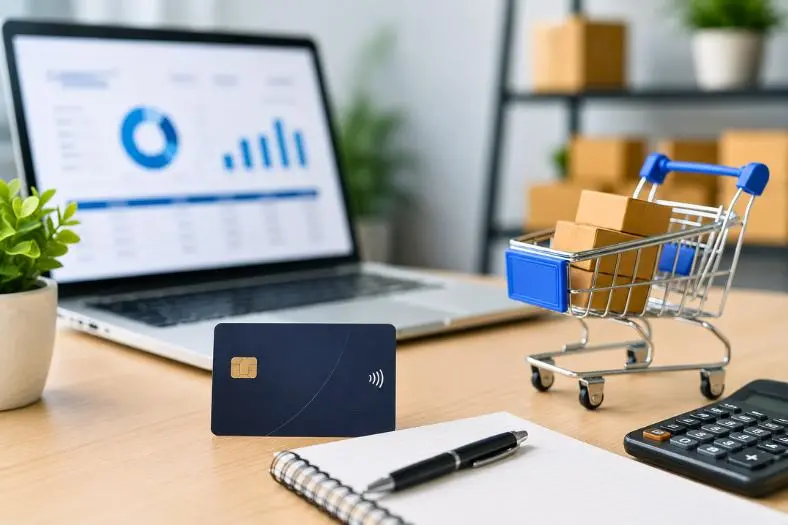 Cartão de crédito sobre mesa com notebook, calculadora e carrinho de compras, representando gestão financeira.