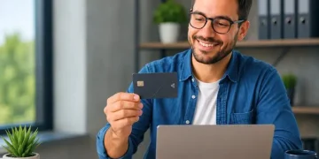 Homem sorrindo segura cartão de crédito enquanto usa laptop em mesa de escritório moderno.