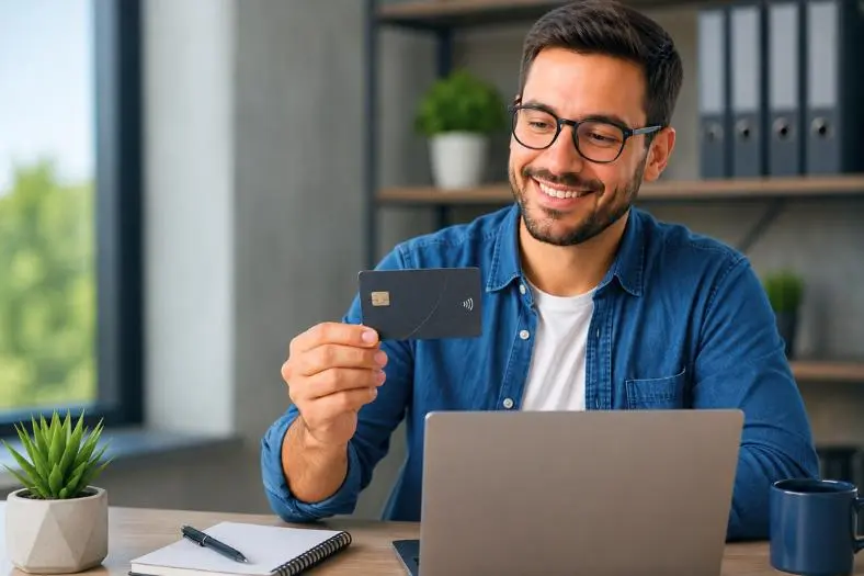 Homem sorrindo segura cartão de crédito enquanto usa laptop em mesa de escritório moderno.