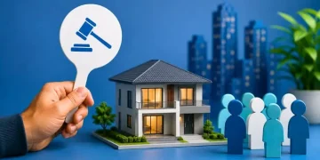 Mão segurando placa de leilão ao lado de maquete de casa e grupo de pessoas, representando lance em consórcio imobiliário.