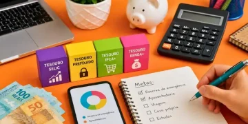 Blocos coloridos representando títulos do Tesouro Direto ao lado de celular com gráfico, dinheiro, calculadora e pessoa anotando metas financeiras.