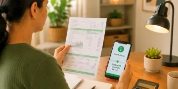 Mulher analisando conta de luz e celular com desconto da tarifa social em mesa com calculadora e caderno.