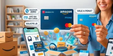 Mulher sorridente segurando dois modelos do cartão de crédito Amazon em um cenário de compras online, cercada por caixas de entrega, um smartphone com o aplicativo da Amazon, laptop e moedas flutuantes que simbolizam o benefício de cashback.