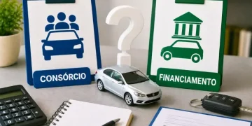 Miniatura de carro entre opções de consórcio e financiamento sobre mesa cinza, com calculadora, contrato e chave de carro.