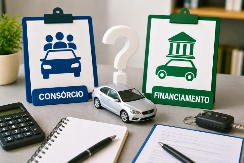 Miniatura de carro entre opções de consórcio e financiamento sobre mesa cinza, com calculadora, contrato e chave de carro.