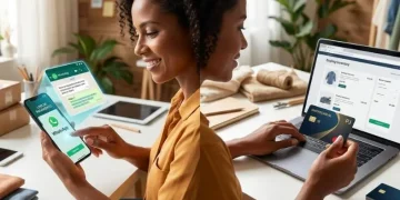Payment link or business card? Woman uses WhatsApp and laptop for business payments. Digital finance.