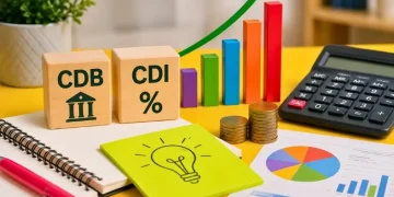 Blocos CDB e CDI sobre mesa amarela com gráfico colorido em alta, moedas, calculadora e itens de escritório.