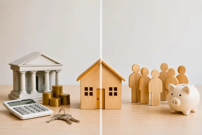 Planejamento imobiliário: Comparando opções de financiamento habitacional e consórcio de imóveis. Casa, banco, dinheiro, grupo, cofrinho.