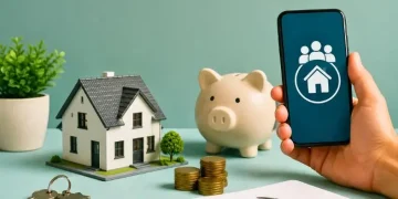 Mão segurando smartphone ao lado de maquete de casa, cofrinho e moedas, representando uso do FGTS em consórcio imobiliário.