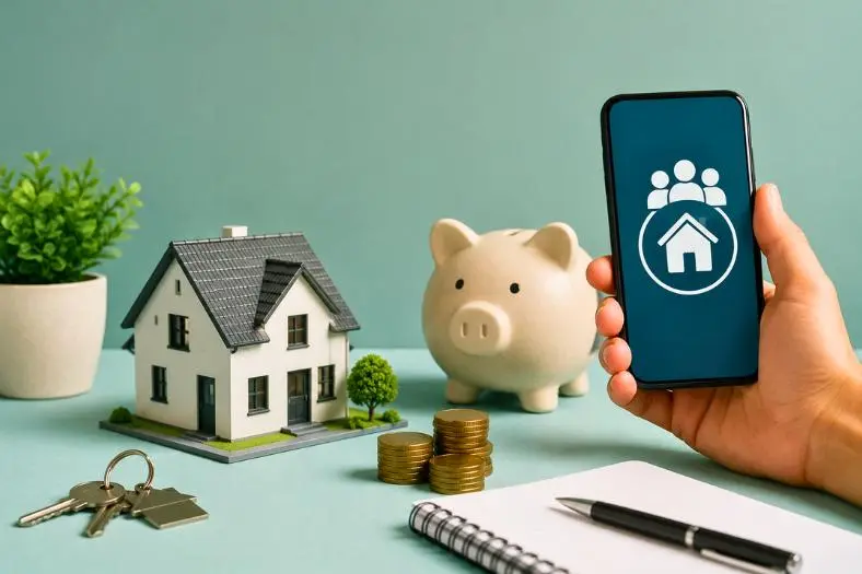 Mão segurando smartphone ao lado de maquete de casa, cofrinho e moedas, representando uso do FGTS em consórcio imobiliário.