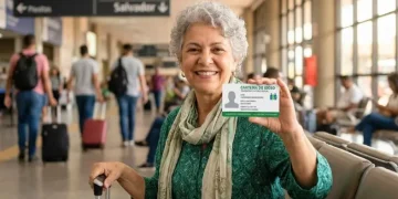 Senhora sorridente segurando a Carteira do Idoso em um terminal de embarque.