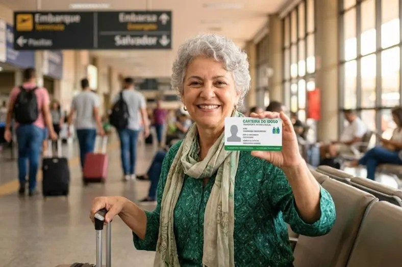 Senhora sorridente segurando a Carteira do Idoso em um terminal de embarque.