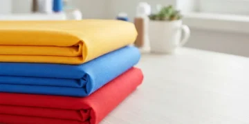 Pilha de tecidos coloridos (amarelo, azul e vermelho) dobrados sobre uma mesa em um ambiente de lavanderia limpo.