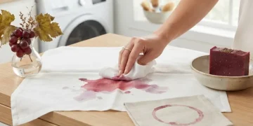 Mão tratando uma mancha de vinho tinto em um tecido branco com um pano limpo, em uma bancada de lavanderia.