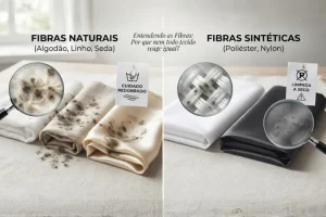 Comparativo visual de fibras naturais e sintéticas afetadas por mofo, destacando a necessidade de cuidados diferentes na limpeza.