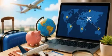 Notebook com mapa de rotas aéreas, mala de viagem, globo terrestre e avião em miniatura, representando a busca por passagens aéreas com melhores preços para viagens nacionais e