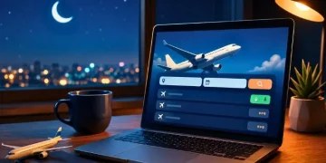 Pessoa pesquisando passagens aéreas promocionais durante a madrugada em notebook, com avião na tela e cenário noturno iluminado ao fundo.