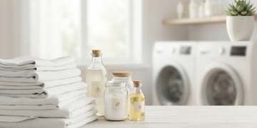 Pilha de roupas brancas limpas sobre uma mesa com produtos de limpeza naturais em uma lavanderia iluminada.