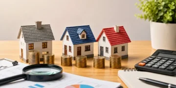 Financiamento imobiliário representado por casas, moedas e calculadora.