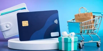 Cartão pré-pago, carteira, carrinho de compras e presente representando praticidade e controle de gastos.