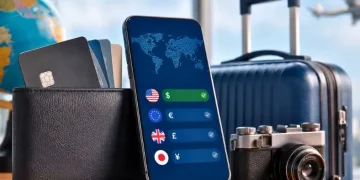 Carteira, cartões, celular com moedas estrangeiras e mala representando uma conta multimoeda em viagens internacionais.