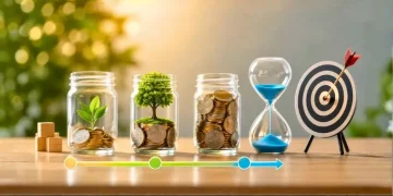 Potes com moedas, planta, relógio de areia e alvo representando investimentos para diferentes objetivos e prazos.