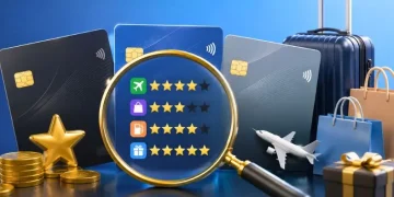 Programa de pontos: como comparar cartões antes de escolher Cartões, lupa, estrelas e itens de viagem representando a comparação de programas de pontos.